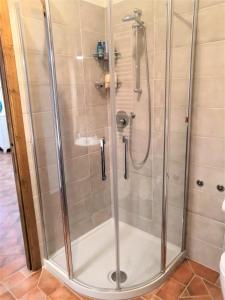 a shower with a glass door in a bathroom at Tenuta Barbadoro agriturismo apartment in Montespertoli