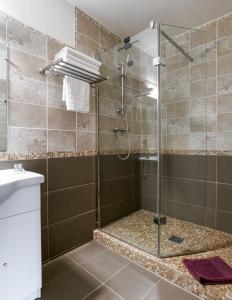 a shower with a glass door in a bathroom at Brasseurs Du Pont - Microbrasserie avec chambres in Siorac-en-Périgord