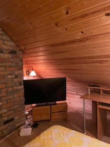 a living room with a flat screen tv in a wooden wall at Pirtiņa in Ogre