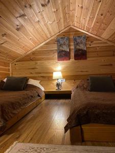 a room with two beds in a log cabin at Princess Nina Kolašin in Kolašin