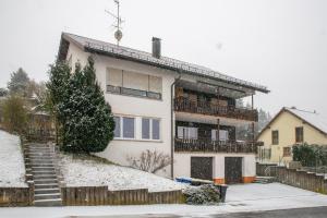 a white house with snow on the ground at Monteurzimmer Rabe in Billigheim