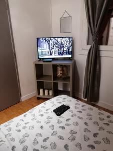 ein Schlafzimmer mit einem Bett und einem TV auf einem Stand in der Unterkunft Ô bord de L' eau in Le Tréport