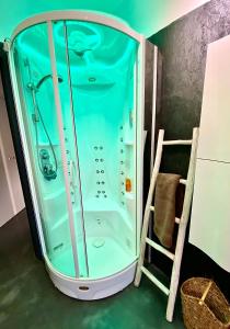 La salle de bains est pourvue d'une douche avec une porte en verre. dans l'établissement Spa Tiny Love Apartment close to Milan-Como-Malpensa, à Saronno