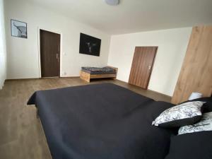 a bedroom with a black bed in a room at Černý Tulipán - Apartmán 3 in Pilsen
