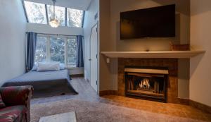 a living room with a fireplace and a tv at Lodge at Mountain Village by Lespri Management in Park City