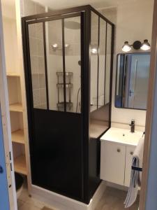La salle de bains est pourvue d'une douche et d'un lavabo. dans l'établissement Bel appt T2 4p confortable avec vue mer imprenable, à Narbonne-Plage