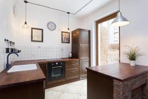 una cucina con piano di lavoro, lavandino e piano cottura di Apartament Nadmorski Dwór a Danzica