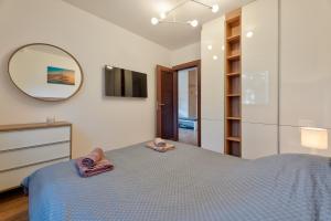 ein Schlafzimmer mit einem Bett mit einem Spiegel und einer Kommode in der Unterkunft Apartman Neva Zlatibor in Zlatibor