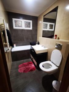 uma casa de banho com um lavatório, um WC e uma banheira em L&A apartments - Circumvalatiunii em Timisoara