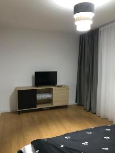 um quarto com uma cama e uma televisão numa cómoda em L&A apartments - Circumvalatiunii em Timisoara