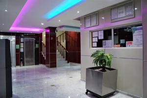 a lobby with a potted plant and purple lights at Hotel Princesa in Mexico City