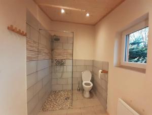 een badkamer met een toilet en een douche bij Domaine du Balbuzard in Condat-en-Combraille