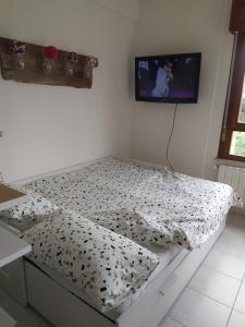 łóżko z czarno-białą pościelą i telewizorem na ścianie w obiekcie La Fornacetta w Pizie