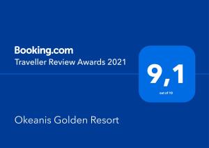 Certifikát, hodnocení, plakát nebo jiný dokument vystavený v ubytování Okeanis Golden Resort