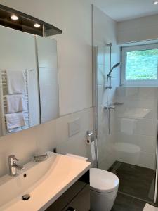 een badkamer met een wastafel, een toilet en een douche bij Comfortapartment LEONDING in Leonding