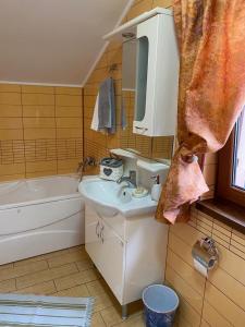 a bathroom with a sink and a bath tub at CASA DE SUB MAGURA in Simeria