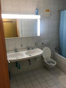 ein Badezimmer mit einem Waschbecken, einem WC und einem Spiegel in der Unterkunft Davos Lodge by Quokka 360 - practical apartment for skiers in Davos
