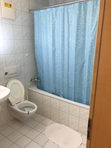 een badkamer met een toilet en een blauw douchegordijn bij Davos Lodge by Quokka 360 - practical apartment for skiers in Davos