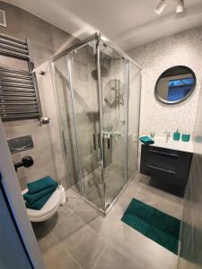 a bathroom with a shower and a toilet and a sink at Zulu Apartments Old Town in Krakow