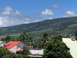 a town with palm trees and a mountain at duplex HIBISCUS in Sainte-Clotilde