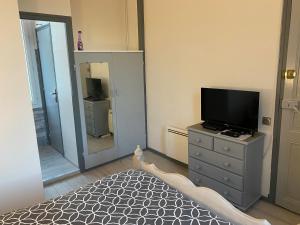 a bedroom with a television and a dresser with a mirror at Auberge du Chêne in Maureillas