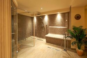 a bathroom with a large shower with a tub and a shower at Hotel Belvedere in Warnemünde