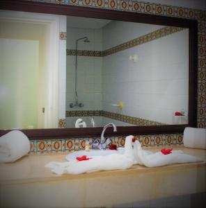 two swans sitting on a bathroom counter in front of a mirror at Residence Ain Meriem in Bizerte