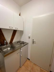 eine kleine Küche mit einem Waschbecken und einer weißen Tür in der Unterkunft Apartment nahe Unikliniken in Erlangen