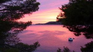 a boat on a lake with a sunset in the background at Apartments Dalibor in Brna