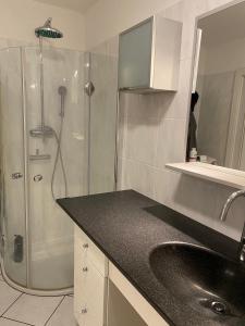 ein Bad mit einer Dusche, einem Waschbecken und einem Waschbecken in der Unterkunft Penthouse Sonnberg in Zell am See