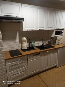 a kitchen with white cabinets and a counter top at Panorama Lake Resort in Nowe Guty