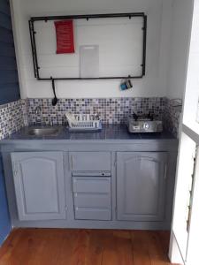 eine Küchentheke mit einem Waschbecken und einem Spiegel in der Unterkunft Cosy Hut in Saint Georgeʼs