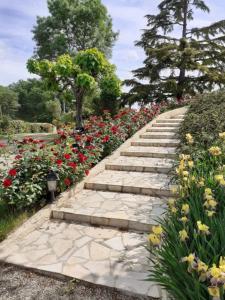 a stone path in a garden with flowers at Gite de La Cheneraie in Montpezat-de-Quercy