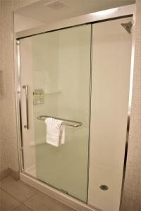cabina de ducha de cristal con toalla blanca en Holiday Inn Express & Suites - Gettysburg, an IHG Hotel, en Gettysburg
