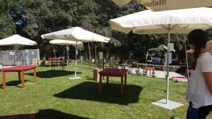 a group of tables and umbrellas in the grass at Casa del Autón - Couto Mixto in Rubiás
