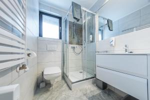bagno con doccia in vetro e servizi igienici di Willa Maria i Natasza a Wisła