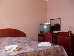 1 dormitorio con 1 cama, TV y escritorio en Horska Chata Nejdecka, en Pernink