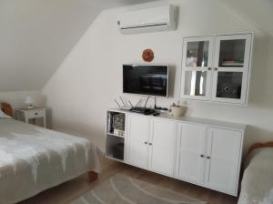 1 dormitorio con armario blanco y TV. en Gólya Vendégház en Tiszaug