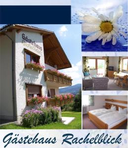 a collage of photos of a house with flowers at Gästehaus Rachelblick in Frauenau