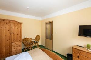 a bedroom with a bed and a table and a television at Spreewaldhotel Garni Raddusch in Vetschau