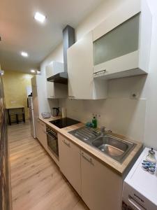a kitchen with white cabinets and a sink at Joanna Apartment - MA Rheinau in Mannheim