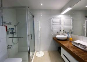 a bathroom with a glass shower and a sink at Apartamenty Czarna Góra Veraneo in Sienna