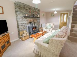a living room with a couch and a fireplace at 1 Rhys Terrace in Pennal