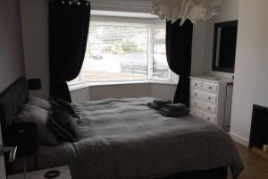 a bedroom with a large bed with a window at Oyster Beach Cottage in Whitstable