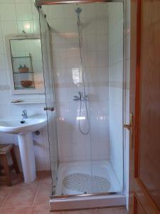 una ducha con una puerta de cristal junto a un lavabo en Casa rural La Casita del Arte, en Robledo de Chavela