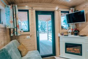 a living room with a fireplace and a tv at La Casuta din Ciocanesti Exclusive in Ciocăneşti