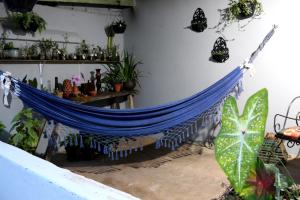 eine blaue Hängematte in einem Zimmer mit Pflanzen in der Unterkunft Casa dos Arcos Hospedaria in São João Batista do Glória