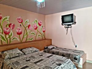 two beds in a room with a tv and flowers on the wall at Pousada Dalva in Galinhos