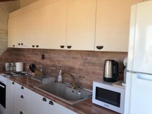 a kitchen with a sink and a microwave at Guest House Costa 2 in Karianí