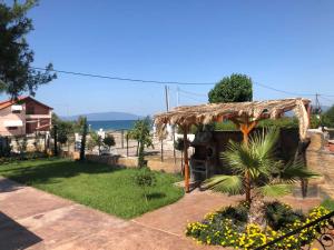 a small house with a straw roof and a palm tree at Guest House Costa 2 in Karianí